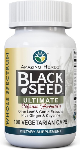 [BRSWIGAQOIMRE23C] Amazing Herbs Whole Spectrum Black Seed Ultimate, Vegetarian Capsules - Olive Leaf & Garlic Extracts Plus Ginger & Cayenne, Gluten Free, Non GMO, Vegan - 100 Count