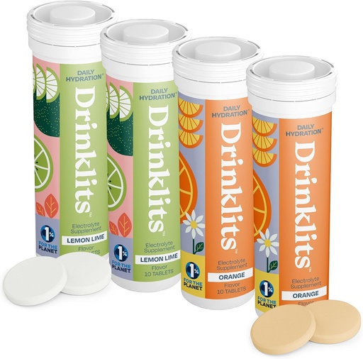 [BRSRAYIPCN5G2D3G] Drinklits Lemon-Lime & Orange Electrolyte Tablets (4) Tube Bundle | Citrus Hydration Combo Pack | Delicious Natural Flavors – 0g Sugar – Daily Use | 40 Servings - 10 Tablets Per Tube