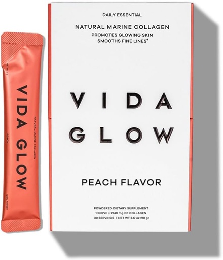 [BRSW2FIPOYNGEFD7] Vida Glow Marine Collagen Powder - Anti Aging Supplement with Collagen Peptides, Promotes Glowing Skin, Strong Nails, Healthy Hair | 30 Servings, Peach Flavor