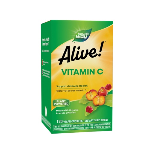 [BRSWIYQTO4GREEDG] Nature's Way Alive! Vitamin C Supplement Made with Organic Acerola Cherries, Immune Support*, Antioxidant Support*, 100% Fruit Source Vitamin C, 120 Capsules (Packaging May Vary)