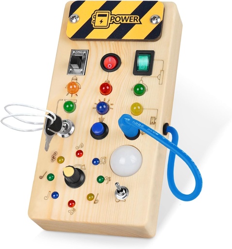 [BRSRMELQOYOQKCD6] Hoarosall Montessori Wooden Busy Board with 8 LED Light switches, Sensory Toys Light Switch Travel Toys for 1+ Year Old Baby and Toddler