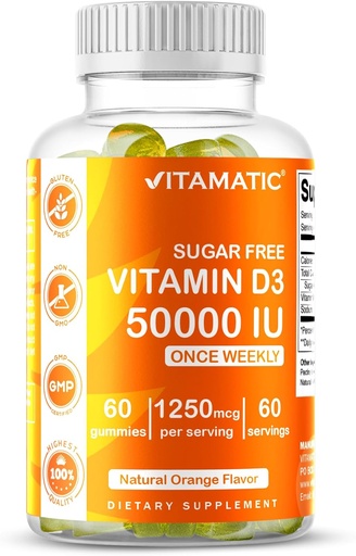 [BRSRMAAECBYQ4GY4] Vitamatic Sugar Free Vitamin D3 50,000 IU Weekly Supplement – 60 Pectin-Based Gummies High-Potency Vitamin D for Bone, Teeth & Immune Support