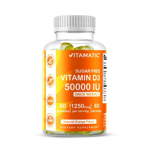 [BRSRMAAECBYQ4GY4] Vitamatic Sugar Free Vitamin D3 50,000 IU Weekly Supplement – 60 Pectin-Based Gummies High-Potency Vitamin D for Bone, Teeth & Immune Support