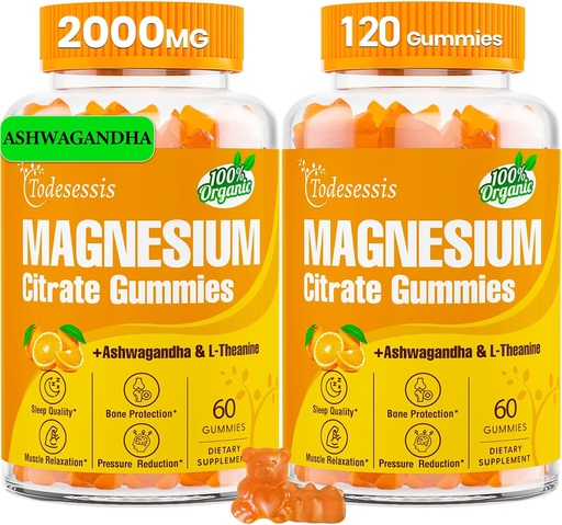 [BRSRAZA3CAFQE3LH] 2 Packs - Gommies de Citrate de Magnésium pour les femmes et les hommes, Gommies de Magnésium à haute absorption avec Ashwagandha & L-Theanine, pour l'immunité, la santé musculaire et osseuse - Vegan, faible sucre, 120 comtes