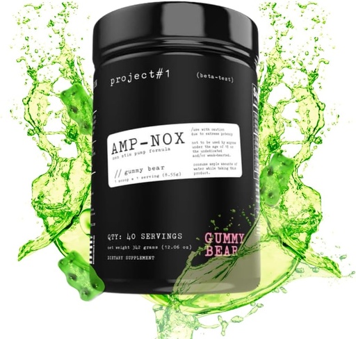 [BRSROHD2CBYQ23TH] Project #1 AMP-NOX: Non-Stim Pre Workout Powder - Boost Focus, Pump, & Energy - Caffeine Free Protein Drink with Amino Acids for Men & Women - Gummy Bear Flavor - 40 Servings