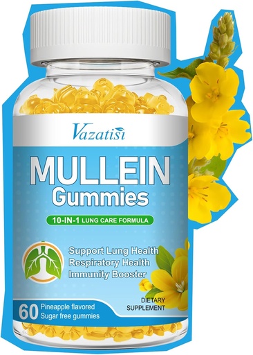 [BRSRAHDQCB5WGHTF] 10 en 1 Mullein Gummies for Lungs, Mullein Leaf Extract with Bromelain, Quercetin, Magnesium - Soporte Lung Cleanse for Healthy Breathing, 60ct