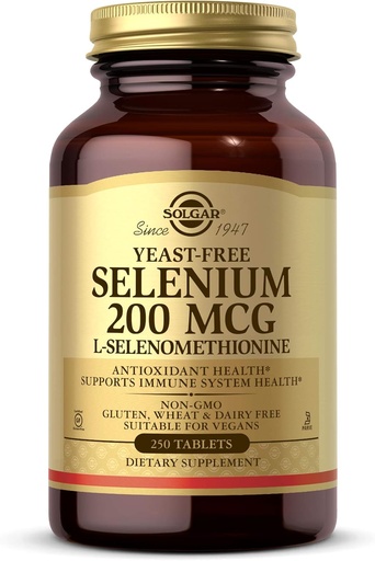 [BRSWIYQTPJ4R43L6] Solgar Yeast- Free Selenium 200 mcg, 250 tabletter - Understøtter Antioxidant & Immunsystem Sundhed - Non- GMO, Vegan, Gluten Free, Dairy Free, Kosher - 250 Servere