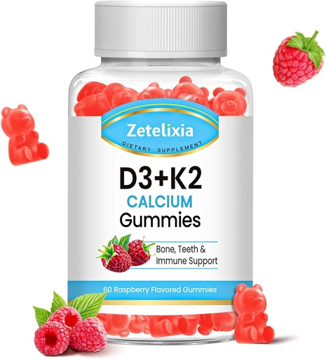 [BRSRAZD4AQBAA2TK] Sugar-Free Vitamin D3 K2 Gummies, Vitamin D3 2000 IU, K2 (MK7) 120mcg, Calcium 600 mg with Vitamin D3, Support B0ne & Immune Health, Vegan, Gluten Free, Raspberry Flavor, 60 Count