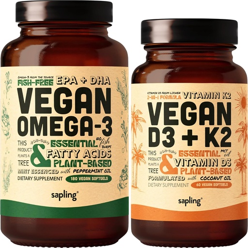 [BRSROAYTBMMR4DTK] Vegan Omega 3 180 Softgels & Vegan Vitamin D3 + K2 Supplement Bundle - Plant-Based DHA & EPA Fatty Acids, 4000 IU Vitamin D3 and 100mcg Vitamin K2 as Mk7 - Tapioca Softgels