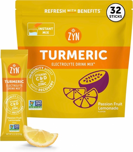 [BRSW2ZIYA54GKHQY] ZYN Electrolyte Drink Mix Hydration Packets, Passion Fruit Electrolytes Powder, Hydration Packets w/Turmeric Curcumin, Vitamin C & D, Zinc, Hydrate & Recover Electrolyte Powder, Pack of 32