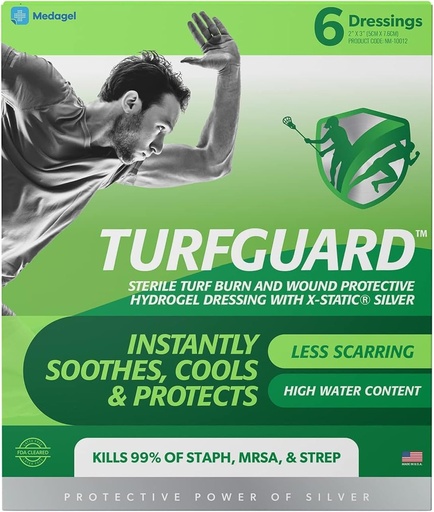 [BRSRMHAZBMBA4CLB] TURFGUARD Hydrogel Turf Burn Dressing with X-Static Silver – Cooling Relief, FDA Cleared, Antimicrobial Protection, & Moist Healing Patch for Burns & Wounds, 2" x 3" Dressings, 6 Pack, by Medagel