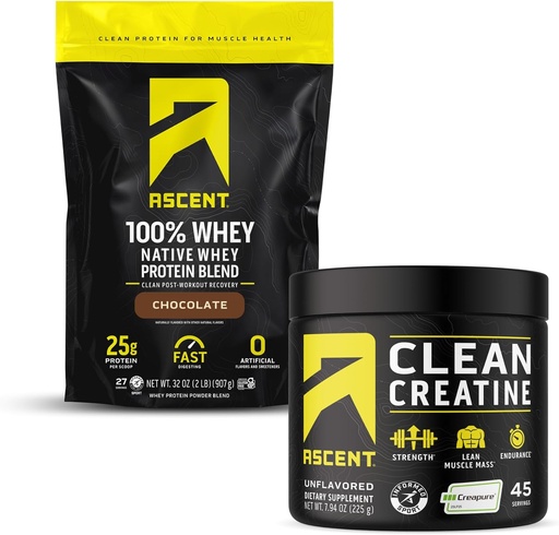 [BRSROBT5OIPQYHT7] Ascent 100% Whey Protein Powder, Chocolate 2 lb & Creatine Monohydrate Powder, Unflavored 45 Servings
