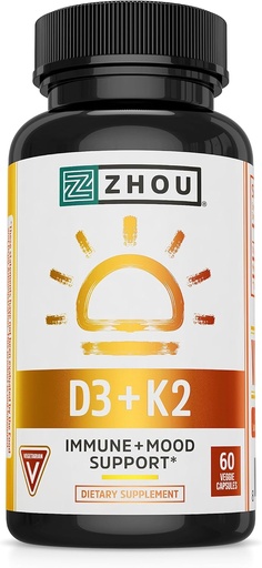 [BRSWKFIOAUGQEDDE] Zhou D3+K2 - Vitamin D3 K2 Supplement for Women & Men, Immune Support Vit D3 and K2 Supplements, Pure Vegetarian Formula with 5000 IU of D3 and MK-7 - 60 Veggie Capsules (Pack of 1)