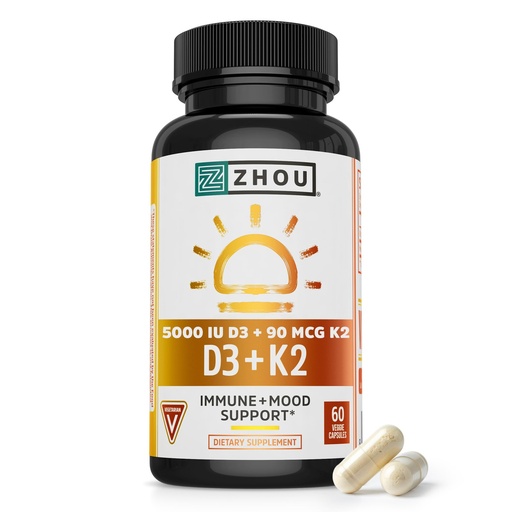 [BRSWKFIOAUGQEDDE] Zhou D3+K2 - Vitamin D3 K2 Supplement for Women & Men, Immune Support Vit D3 and K2 Supplements, Pure Vegetarian Formula with 5000 IU of D3 and MK-7 - 60 Veggie Capsules (Pack of 1)
