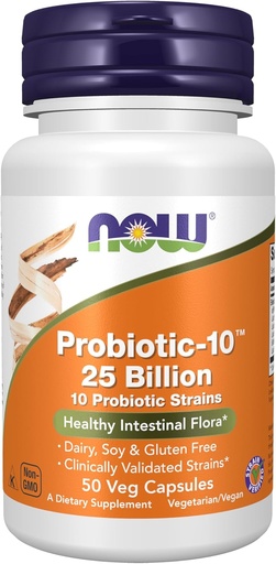 [BRSWIYA2OIOGGC3Y] NOW Foods Supplements, Probiotic-10™, 25 Billion, with 10 Probiotic Strains, Dairy, Soy and Gluten Free, Strain Verified, 50 Veg Capsules