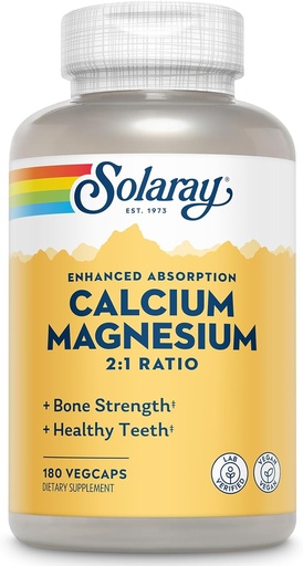 [BRSWIY3YAR4W2ALY] SOLARAY Calcium Magnesium supplement, Magnesium & Calcium kosttilskud til kvinder og mænd, 2: 1 Ratio, Knoglesundhed & Styrke, Vegan, Høj Absorption, 60- dag garanti, 45 Servering, 180 VegCaps