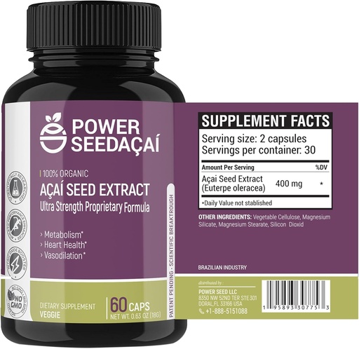 [BRSW2HYDCEGR6DQ3] Power Seed Acai - Impulsor de óxido nítrico. soporta fluxo sanguíneo, niveis de azucre no sangue, función metabólica e enerxía. Excelente antioxidante. Libre de cafeína. Fórmula patentada | 60 cápsulas