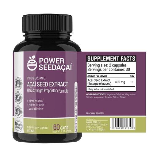 [BRSW2HYDCEGR6DQ3] Power Seed Acai - Nitric Oxide Booster. Supports Blood Flow, Blood Sugar Levels, Metabolic Function & Energy. Super Strong Antioxidant. Caffeine-Free. Patented Formula | 60 Capsules