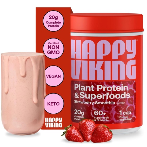 [BRSW2ZQPOUMAOD37] Happy Viking Strawberry Protein + Superfoods Powder, Vytvořil Venus Williams, 20G Protein, Low Carb, Keto, Vegan, gluten- Free, Non-GMO, Superfoods, Kompletní strava náhrada, 1 Canister (24 oz.)
