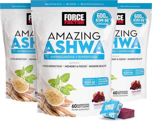 [BRSW2CQLCAMAY333] FORCE FACTOR Amazing Ashwa stresa atvieglošana, atmiņa, fokuss, un imūnās atbalsta veselība, Ashwaganda papildinājums ar KSM-66 Ashwagandha stresa, 180 Soft Chews