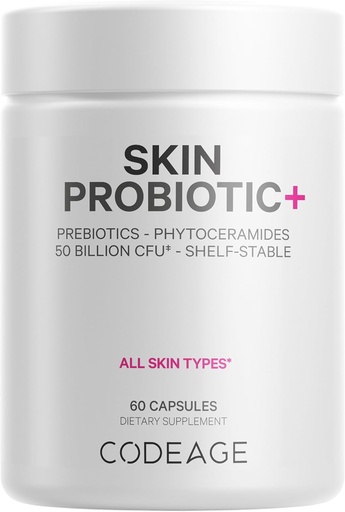 [BRSWGAA6BUJWAAA2] Codeage Skin Probiotics + Prebiotics - Skin Care Routine Supplement - 50 miljarder CFU - Ayurvedic Botanical Herbs - Face Probiotics - Shelf Stable Cleanser, Non-GMO, Vegan - 60 kapslar