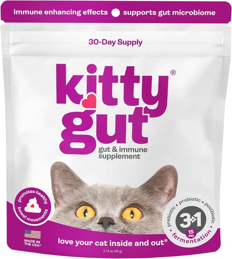 [BRSRACYCOYIBM3LP] KittyGut 3-in-1 Organic Cat Probiotics & Postbiotic Supplement Powder- Made in USA-Probiotics for Cats Promote Gut Здоров'я та Cat Дайвінг Підтримка, Діарея та Vomiting (60г)