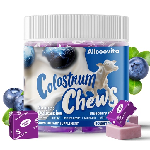 [BRSRAHYCPIIGMDQ2] Allcoovita Bovine Colostrum Chews Supplement with probiotics for Gut Health, Bloating, Immune Support, Skin, Hair Growth and Beauty - Blueberry Flavor (60 Servings)