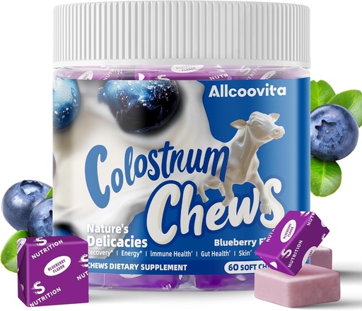 [BRSRAHYCPIIGMDQ2] Bovinie Colostum Chews Supplements with Protogens for Goot Health, Bloting, Immun Super, skin, my ups and Beaty - Blueberry Flavor (60)