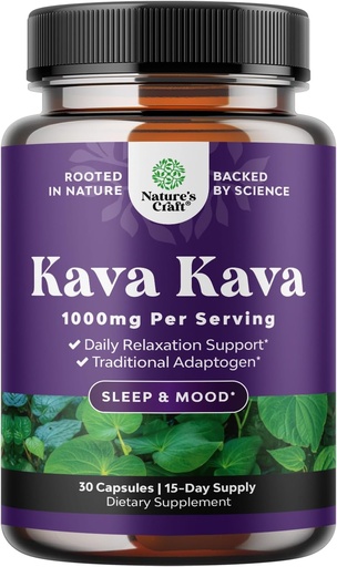 [BRSROEAYPMBROGTL] Kava Kava Root Extract Supplement 1000mg - Rýchle herecké Bylinná podpora s Kavalaktónmi pre vyváženú náladu - Relax Pokojné kapsule pre Stress Support & Lepší spánok - 15 Serviv