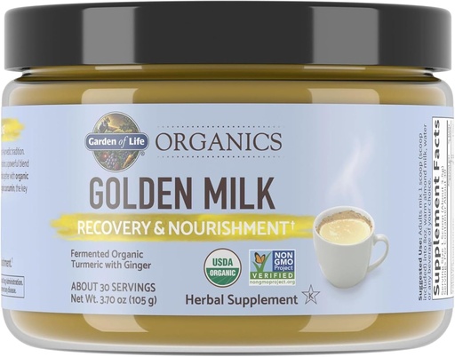 [BRSWGFL6BYCQI3TL] Garden of Life Organics Golden Milk Recovery & Nourishment Powder - 44 мг куркумина куркумы (95% куркуминоидов), Ashwagandha - органические не-ГМО веганские и безглютеновые травяные добавки, 30 сервировки