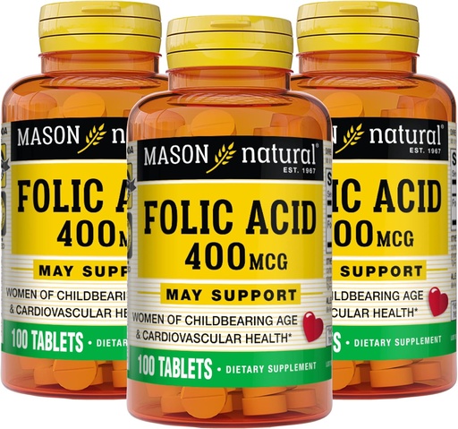 [BRSRMEI2OQFREFAV] Mason Natural Folic Acid 400 mcg, Daily Supplement for Health, Mood and Prenatal Care, for Women of Childbearing Age, 100 Tablets (Pack of 3)