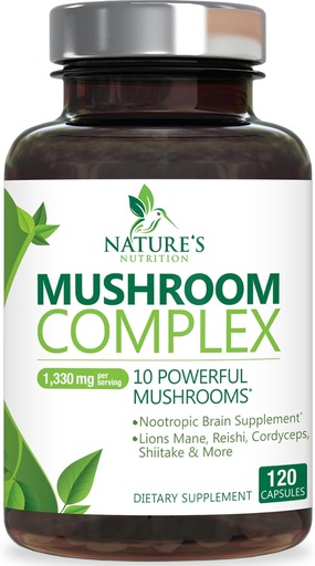[BRSWYZQCC4IQKFIU] Mushroom Brain Supplement 1330 mg - 10 in 1 High Strength Mushroom Complex with Lions Mane, Turkey Tail, Reishi, Cordyceps, Chaga & Brain Nootropic Complex for Memory & Focus Support - 120 Capsules