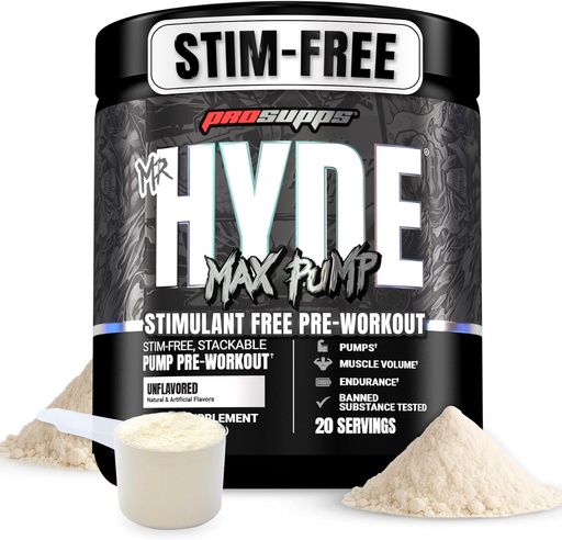 [BRSRAGAOOYDQYAL2] PROSUPPS Mr. Hyde Max Pump Pre Workout Powder - Stim-Free Preworkout Supports Blood Flow, Muscle Volume & Endurance - Caffeine-Free Nitric Oxide Gym & Fitness Supplements (Unflavored, 20 サービング)