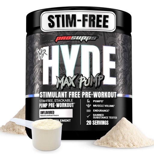 [BRSRAGAOOYDQYAL2] ProSupps Mr. Hyde Max Pump Pre Workout Powder - Stim-Free Preworkout Supports Blood Flow, Muscle Volume & Endurance - Caffeine-Free Nitric Oxide Gym & Fitness Supplements (Unflavored, 20 Servings)