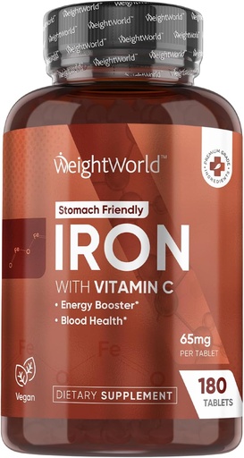 [BRSROBL2O5YBQDI2] WeightWorld Iron Supplement 65mg - 비타민 C 125mg - 180 Vegan Tablets (6 개월 공급) - 여성 및 남성을위한 Gentle Carbonyl Iron Supplement - 에너지 부스터 및 혈액 Heath - Non-GMO 및 글루텐 - 무료