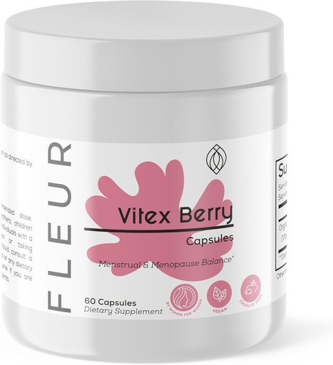 [BRSROHY7CQPW233Z] FLEUR Capsules Vitex, Vitex Chasteberry pour l'équilibre hormonal pour les femmes, Supplément PCOS aide à maintenir le niveau de progestérone pour le soutien du cycle menstruel, la fertilité et le support PMS, 500mg, 60Ct