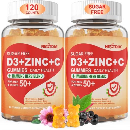 [BRSRMH3RC4FQIG3V] Sugar Free Vitamin C + D3 + Zinc Gummies for Adults 50 +, 9 in 1 Immune Defense Supplement with D3 5000IU, Elderberry, Echinacea, Mullein Leaf for Boost Immunity, Power Antioxidant, Vegan (Pack of 2)