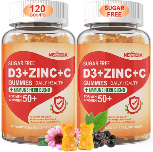[BRSRMH3RC4FQIG3V] Sugar Free Vitamin C + D3 + Zinc Gummies for Adults 50 +, 9 in 1 Immune Defense Supplement with D3 5000IU, Elderberry, Echinacea, Mullein Leaf for Boost Immunity, Power Antioxidant, Vegan (Pack of 2)