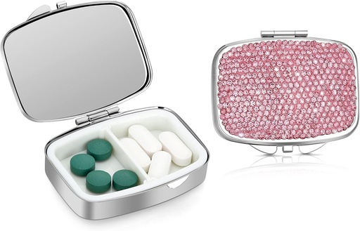 [BRSROZQBPJ5RY3I3] Soleebee Bling Crystal Pill Box, Portable 2 Compartments Daily Pill 주최자, Purse 또는 Pocket, Medicine Vitamin Pill Container 주최자를위한 작은 여행 알약 케이스 (핑크)