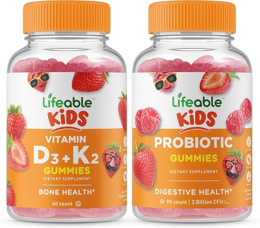 [BRSROZIQAQDW2YLU] Lifeable Vitamin D3 + Vitamin K2 Kids + Probiotic 2 Billion CFU Kids, Gummies Bundle - Great Tasting, Vitamin Supplement, Gluten Free, GMO Free, Chewable Gummy