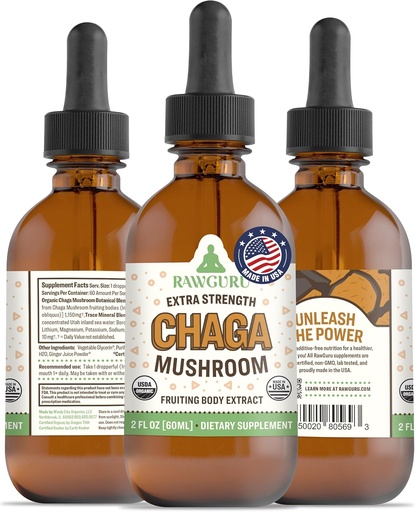 [BRSROGARAAFQIFAV] RawGuru Chaga Mushroom Supplement - Vegan Chaga Mushroom Extract with Trace Minerals - Nano-Processed Immunity Boost & Cognitive Supplement Tincture - 60 Servings of Vegan Drops per 60 ml, Pack of 1