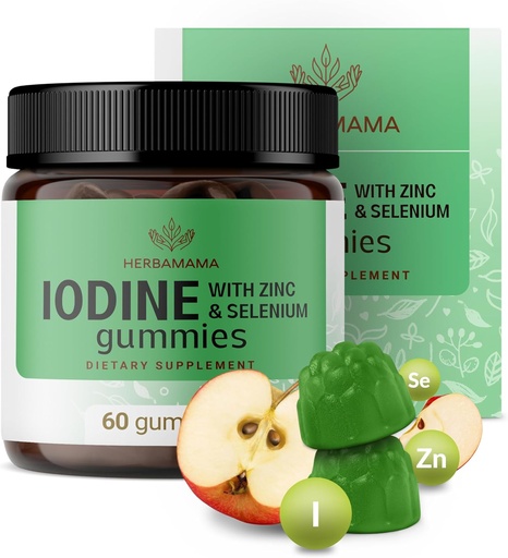 [BRSRMEIZOIARADL7] HERBAMAMA Iodine Gummies - Potassium Iodine, Zinc & Selenium for Immune Defense & Brain Support - Vegan, Non-GMO Immune Support Supplement - 60 Pectin-Based Apple-Flavored Chews
