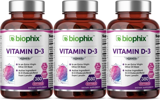 [BRSWKYQ5BAEB2DDO] biophix Vitamin D-3 10000 IU 380 Softgels 3 Pack - High-Potency in Extra Virgin Olive Oil Non-GMO Soy-Free Supports Strong Bones Immune Health