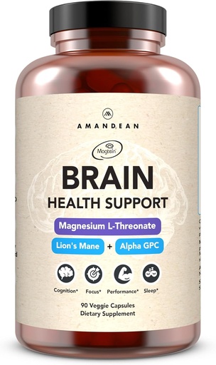 [BRSROAITPIOWKCT4] AMANDEAN الدماغ الملحق. Nootropic Cognitive Support for Memory, Focus, Clarity. Magnesium L-Threonate (Magtein), Lion's Mane Mushroom Extract, Alpha GPC Choline Complex. 90 Veggie Capsules.