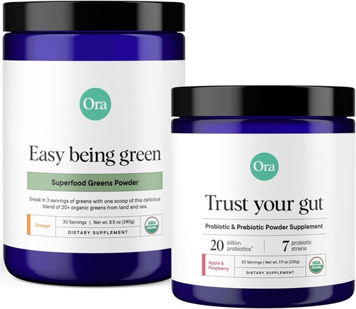 [BRSROGA7AR7AA2Y4] Ora Organic Prebiotic & Probiotic Powder & Greens Powder Bundle: 20 Billion Probiotic, Apple & Raspberry Flavor, 30 Servings & 20+ Superfood Greens Blend - Citrus Flavor, 30 Servizos