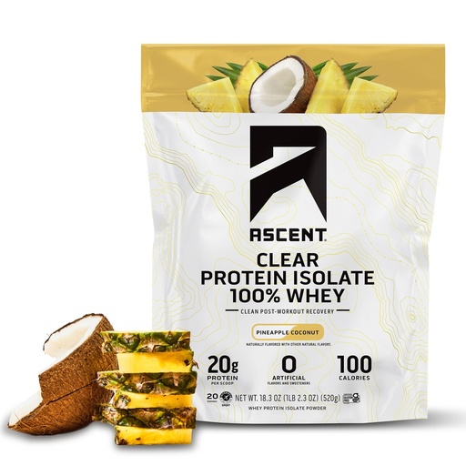 [BRSRAFITBMGRMA3Z] Ascent 100% Clear Whey Protein Powder - Post Workout Whey Protein Isolate, Zero Artificial Flavors & Sweeteners, Gluten Free, 5.5g BCAA, 2.1g Leucine, Essential Amino Acids, Pineapple Coconut, 20 Serv