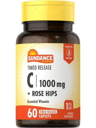 [BRSWKED2OMFRCCDI] Sundance Vitamin C 1000mg with Rose Hips | 60 Coated Caplets | Timed Release | Vegetarian, Non-GMO, and Gluten Free Supplement