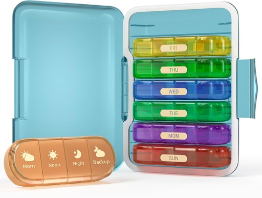 [BRSROZICCJYGCH3O] Weekly Pill Organizer 4 Times a Day, 7 Day Pill Box 4X, Pills/Vitamin/Fish Oil/Medication/Supplements (4x7 Blue+Rainbow)