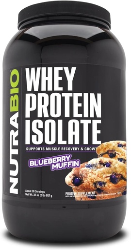 [BRSWGHAPOFYQOHLB] NutraBio 100% Whey Protein Isolate Protein Powder, 25g Protein con profilo completo di aminoacidi, Non-GMO, Soy & Gluten Free, Carbo basso, Polvere di proteine del siero di calorie bassa, Muffin di mirtillo, 2 Lbs