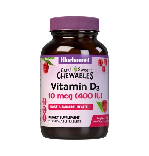 [BRSWICQ7CABQCG36] BlueBonnet Nutrition Earth Sweet Vitamin D3 400 IU Chewable Tablets, Aids in Muscle and Skeletal Growth, D3, Non GMO, Gluten, Free, Soy Free, Milk Free, Kosher, 90 Chewable Tablets, Raspberry Flavor